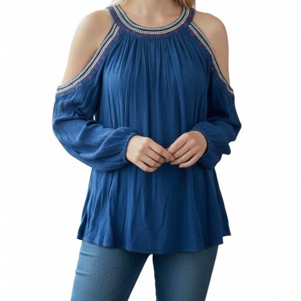 Como Vintage NEW Cold Shoulder Embroidered Top Medium Blue Bohemian Peasant